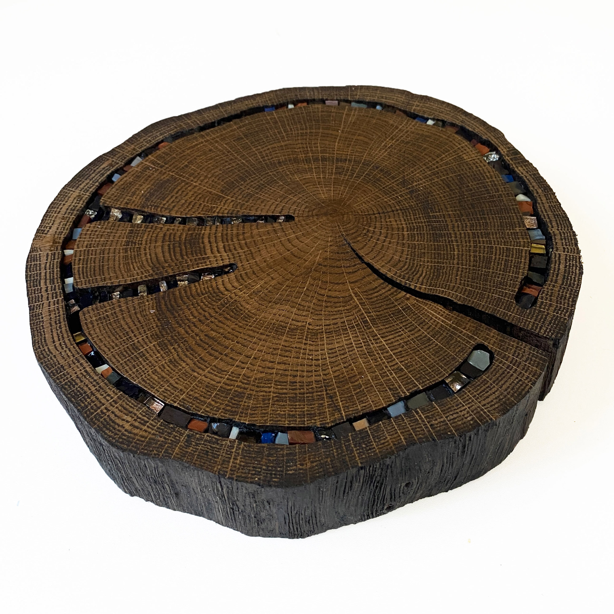 Подставка под горячее, спил дуба, сине-красный